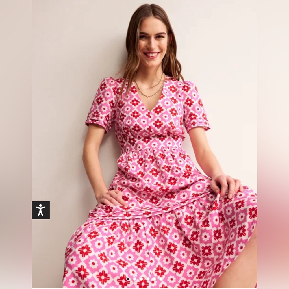 NWT: Boden Eva Midi linen dress. Pink Power, Geometric Stamp